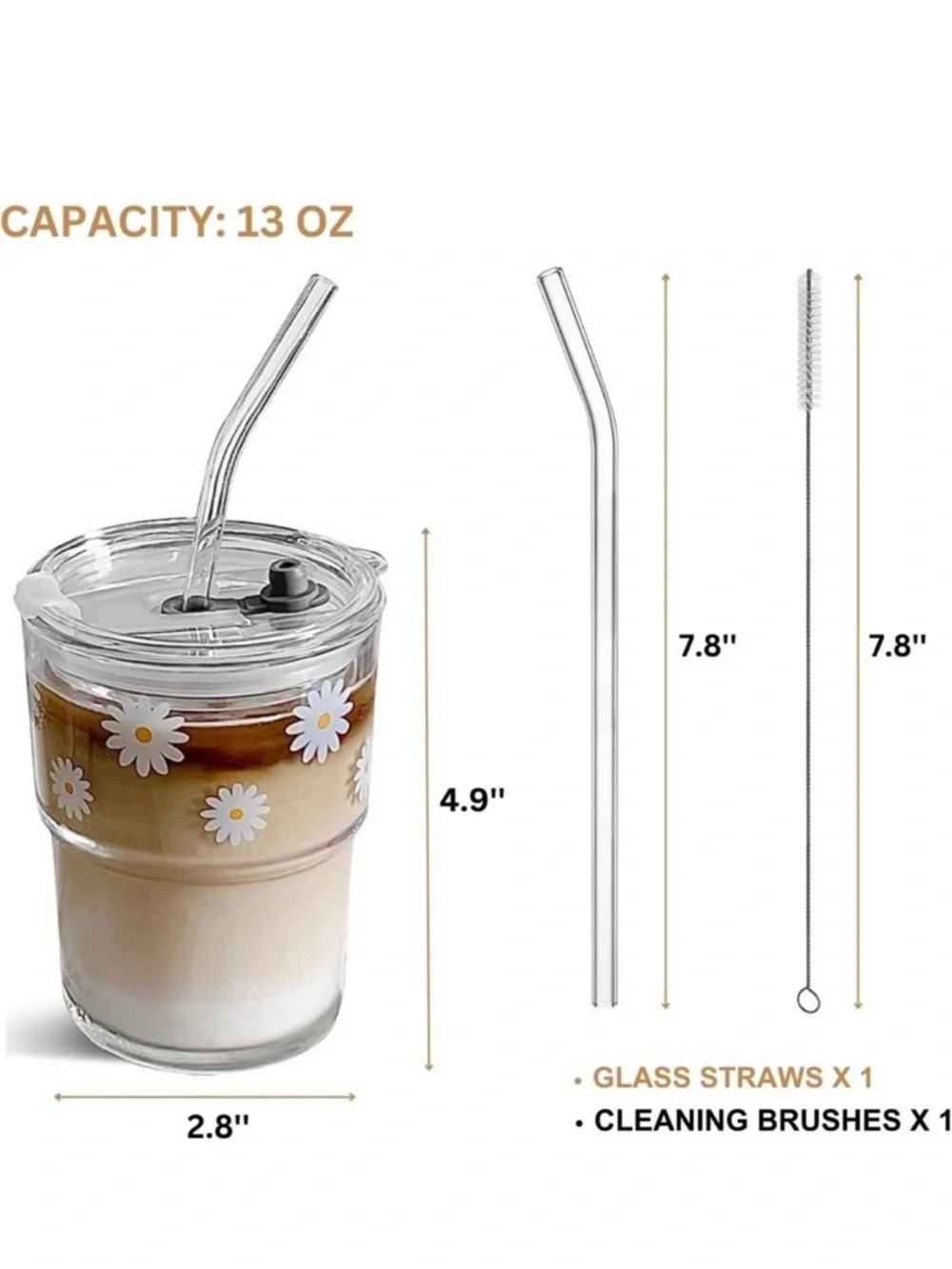 13 oz glass tumbler with straw and lid